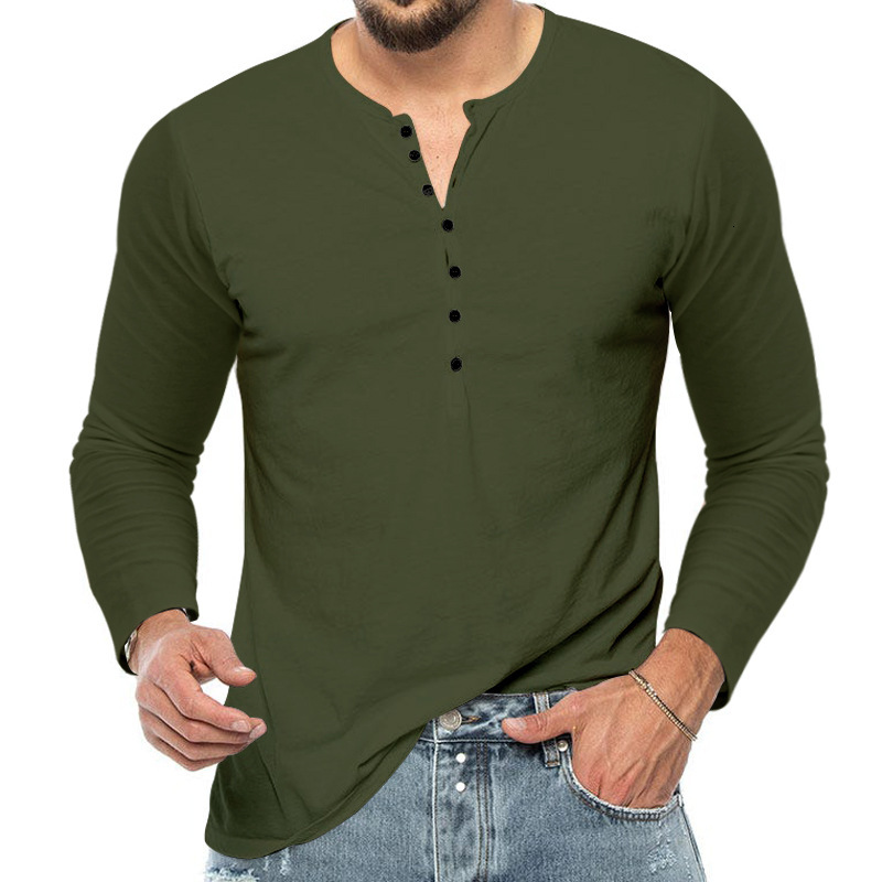 2025 New Men's Spring and Autumn Long Sleeve T-Shirt Slim Fit Button V-Neck Thin Base Shirt