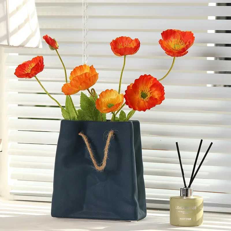 1Pcs Nordic Creative Shopping Basket ceramic Vase Bag Decoration Simple Dried Flower Arrangement Vase Table Decoration C251017