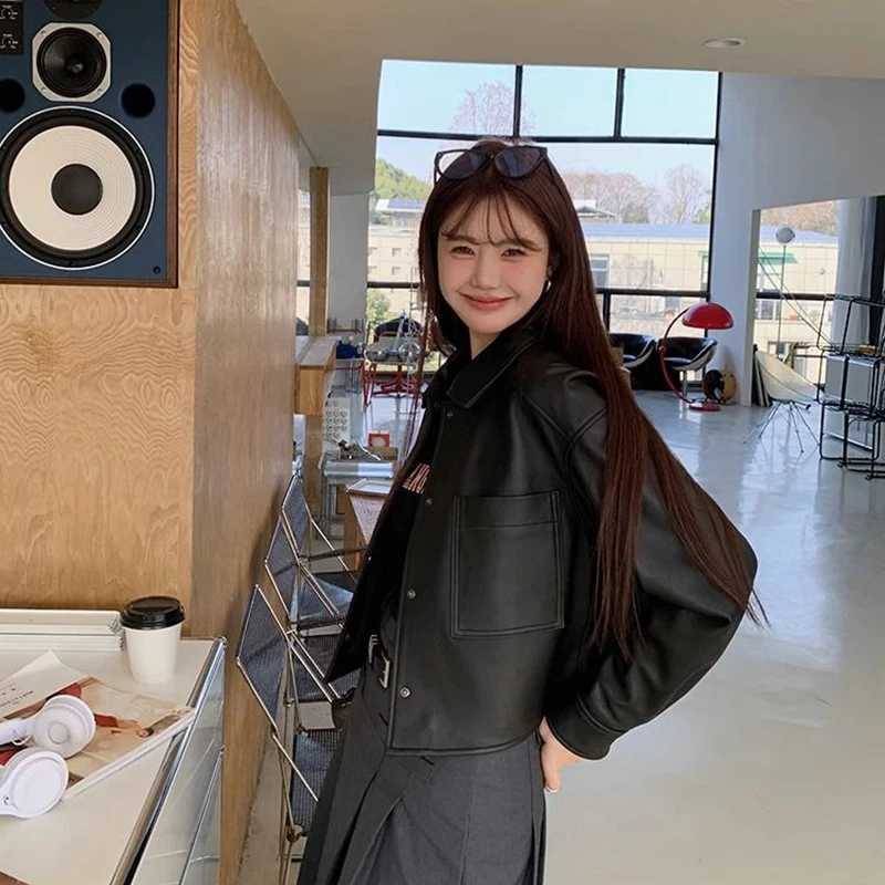 Harajuku Black Moto Pu Jacket Women Design Long Sleeve Biker Coat Vintage Streetwear Female Loose Autumn All Match OutwearT251017