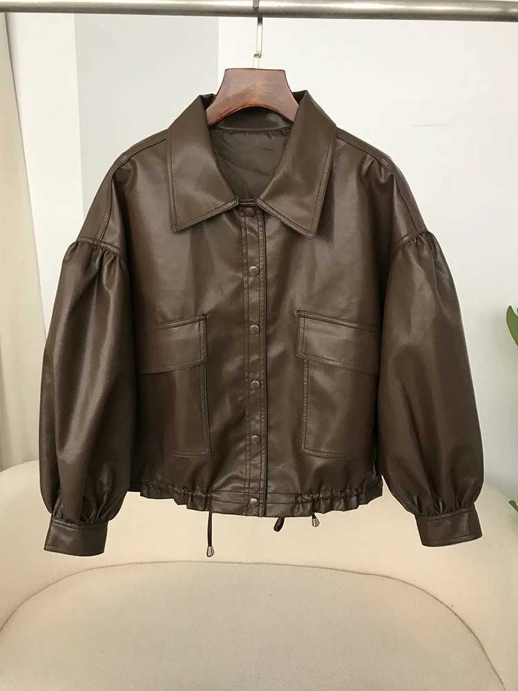 DEBAIFUR 2025 New Spring Autumn Korean Style Singlebreasted Short Leather Jacket Women Brown Loose Top Artificial Leather PUT251017