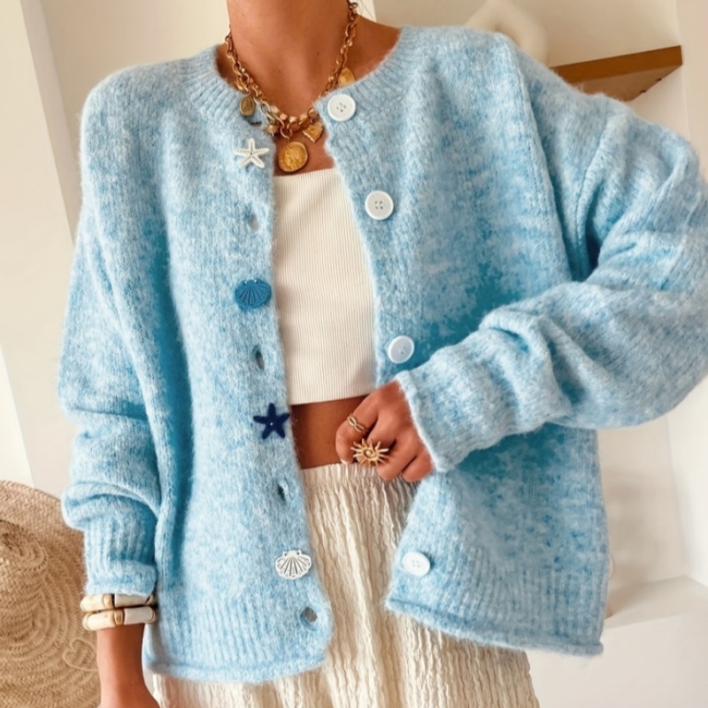 Women's Milk Blue Cardigan with Starfish Shell Buttons - Casual Outerwear for Spring Autumn Winter