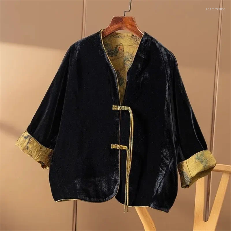 Women's Jackets 2025 Chinese Style Silk Velvet Jacket Women Thin Retro Printed Coat High-end Buckle Button Outwear Winter Clothes