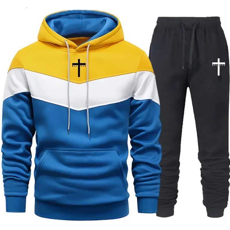 Jesus Cross Men Casual Sportswear Set Hooded Sweatshirt Winter Jogger Tracksuit Autumn Urban Fashion Hoodies Black Sweatpants Z251017
