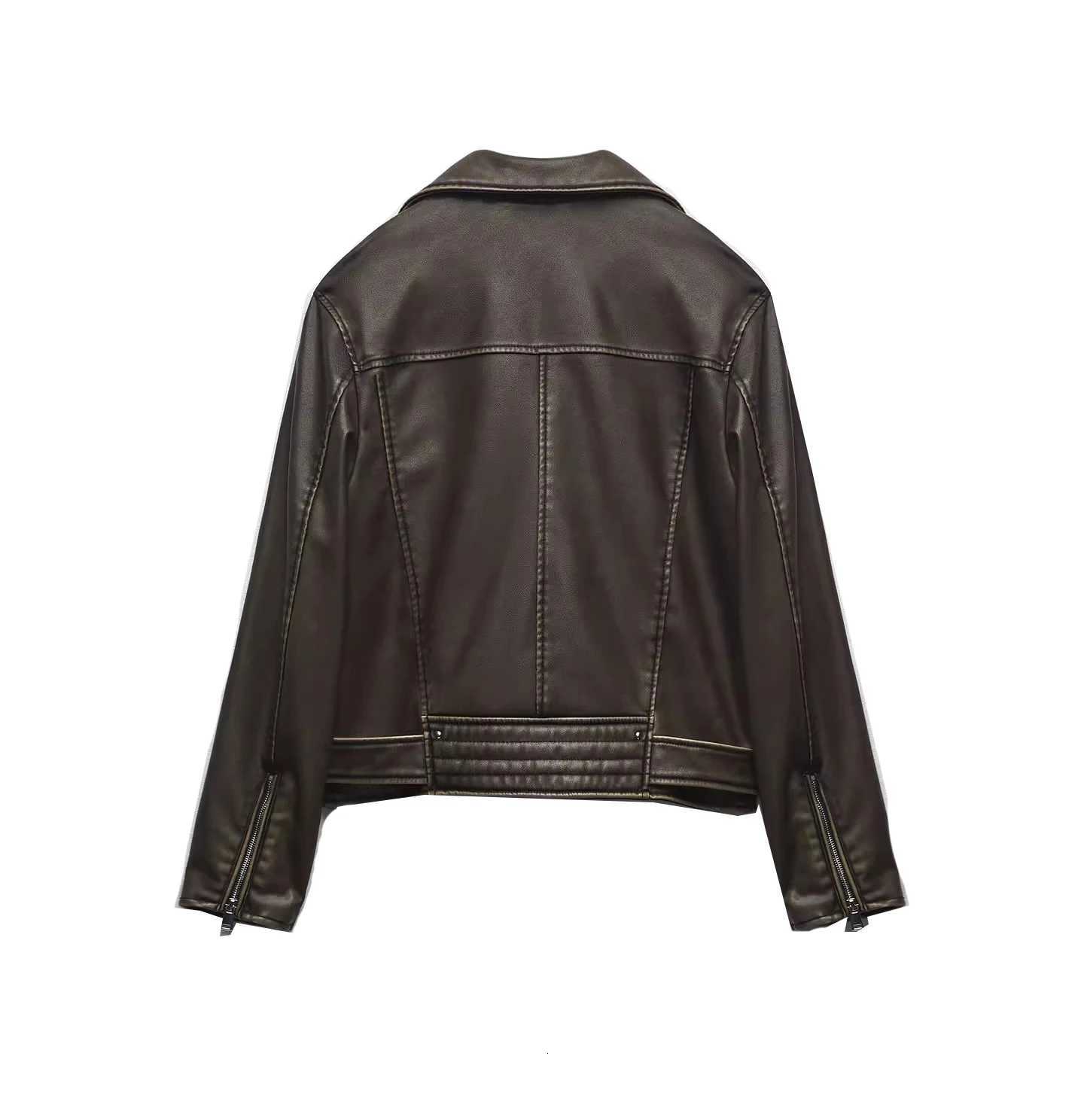 ZVRI ladies 2024 new vintage do old washed leather imitation leather locomotive type PU jacket womens coat topT251017