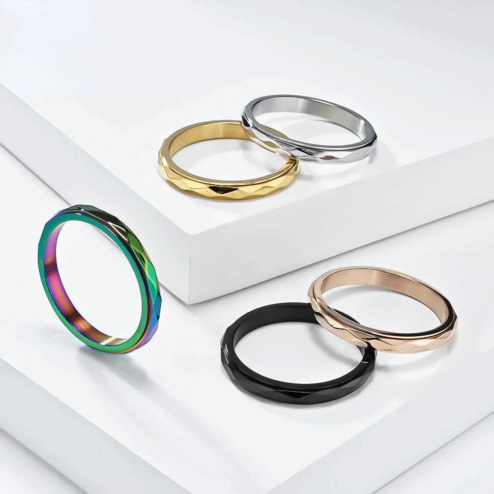 3mm Width Stainless Steel Rotatable Fidget Ring for Women Men Small Colorful Black Gold Color Rhombus Surface Spinner RingW251017