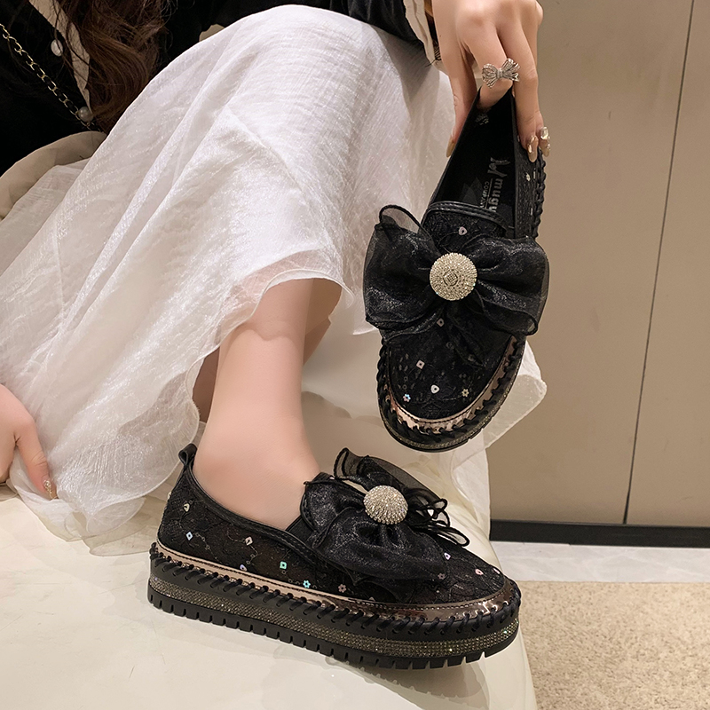 Women's Casual Shoes Platform Sole Rhinestone Upper Shallow Mouth Women's Loafers Leisure One Kick Fashion Diamonds Butterfly Knot Flats Sho