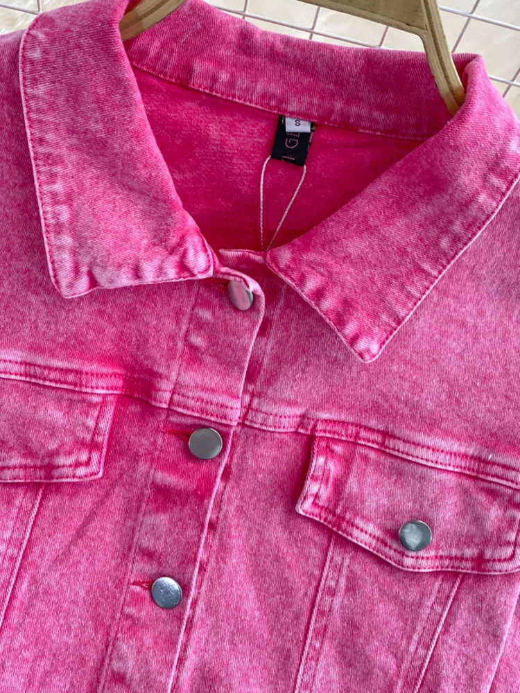 Autumn Women Pink Denim Sets Lapel Long Sleeve Short Denim Jacket High Waist Denim Skirt Korean Female Two Piece Set Streetwear 251017