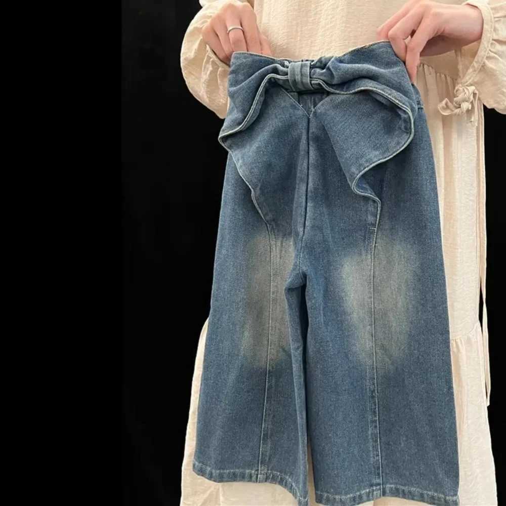 Korean Version Fashion Casual Girl Denim Wide Leg Pants with Big Bow Design Street Style Versatile for 37 Years Old in SummerT251017