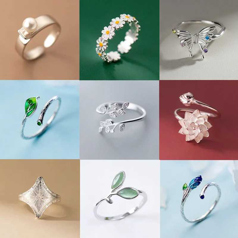 925 Sterling Silver Rings For Women Geometric Fine Jewelry Finger Adjustable Cute Flower Leaf Zirco Ring For Party Birthday Gift Z251017