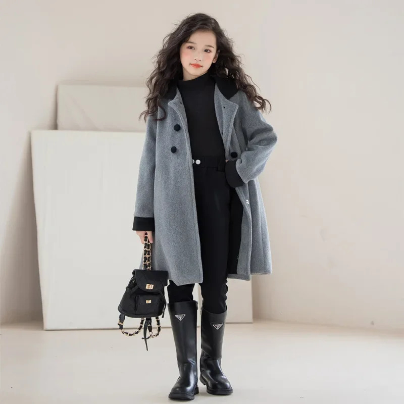 Teens Girls Winter Jacket Preppy Style Navy Midlength Wool Coat for Kids Thick Warm Casual Allmatch School Children Outerwear 251015