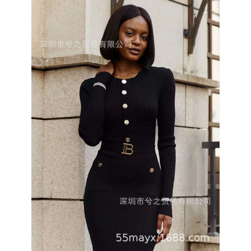 Round Neck Dress With Waist Tie Long Skirt B5