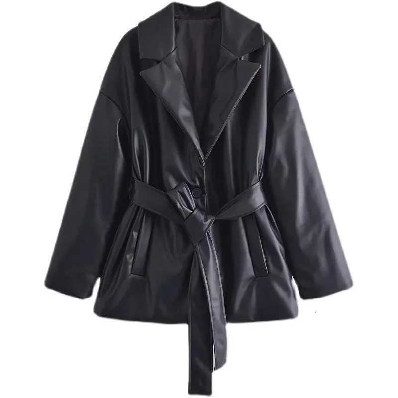 Warm Winter Belt Lapel Loose Imitation Leather PU Suit with Cotton Leather JacketT251017