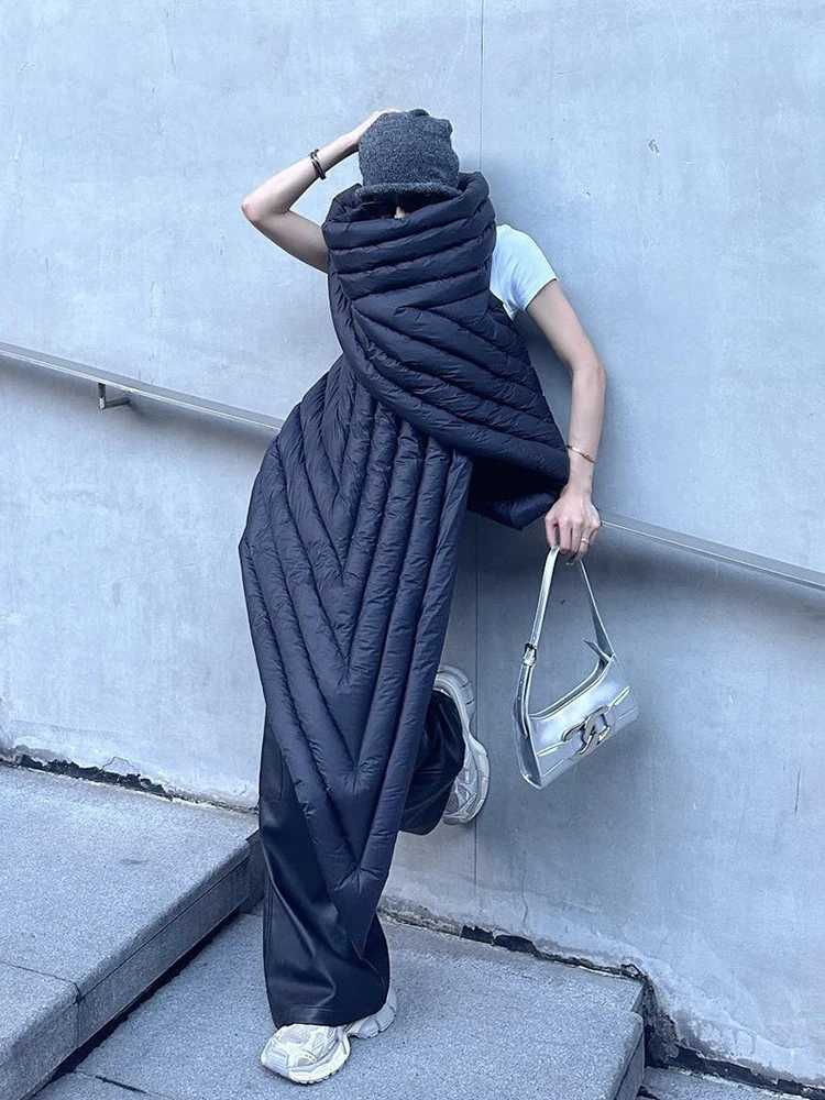 Black Asymmetric Wrap Sleeveless Womens Down Jacket Personality Chic Oversized Scarf Style Down Padded Womens Jacket W251016