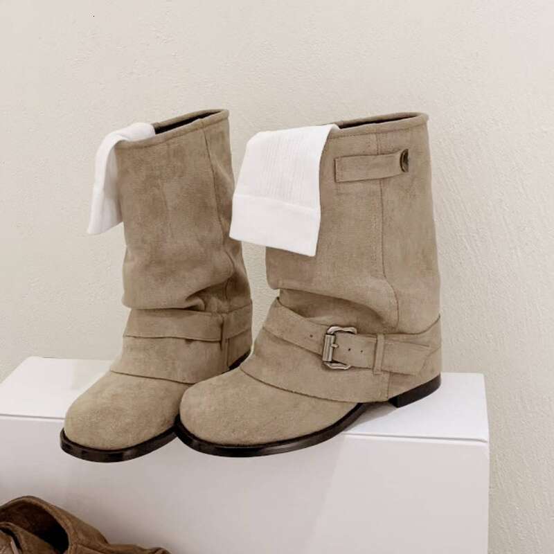 Cameido Women's Suede Leg Tube Retro Belt Buckle Pleated Stackable Mocha Western Boots