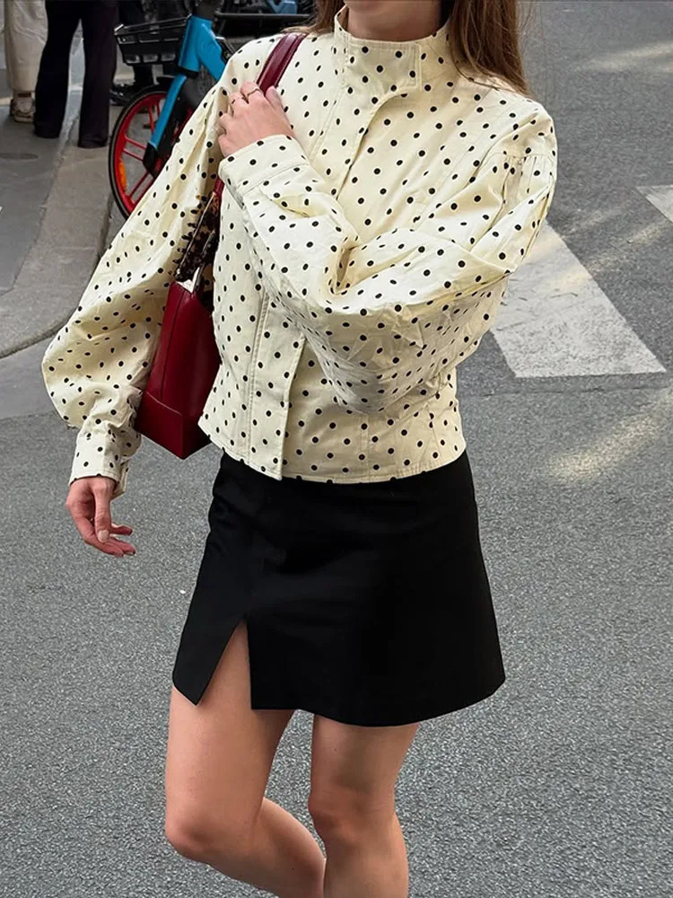 Polka Dot Print Round Neck Short Coats Womens High Street Blazer Long Sleeve Jackets 2025 Elegant Office Ladies Suit Outerwear 251017