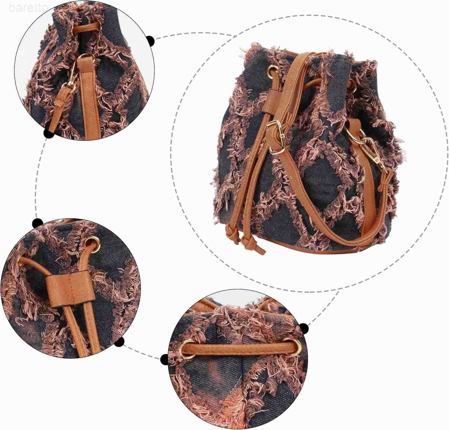Women Denim Mini Bucket Shoulder Crossbody Bag Drawstring Quilted Distressed Tassel Barrel Shape Satchel Purse Z251016