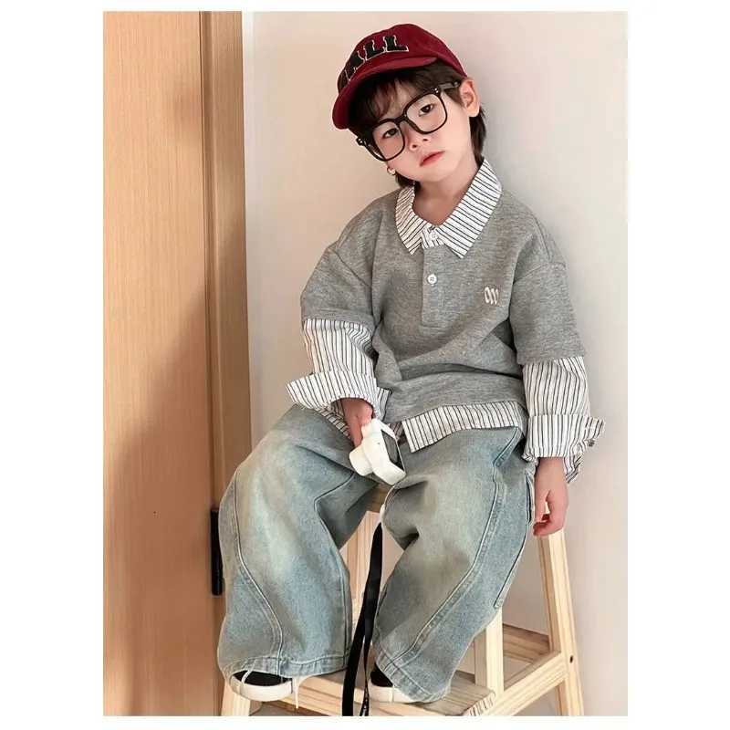 Korean Childrens Jeans Loose Straight Pants Wide Leg Cargo Pants for Boys Girls New Spring Autumn Kids Denim Pocket TrousersT251017