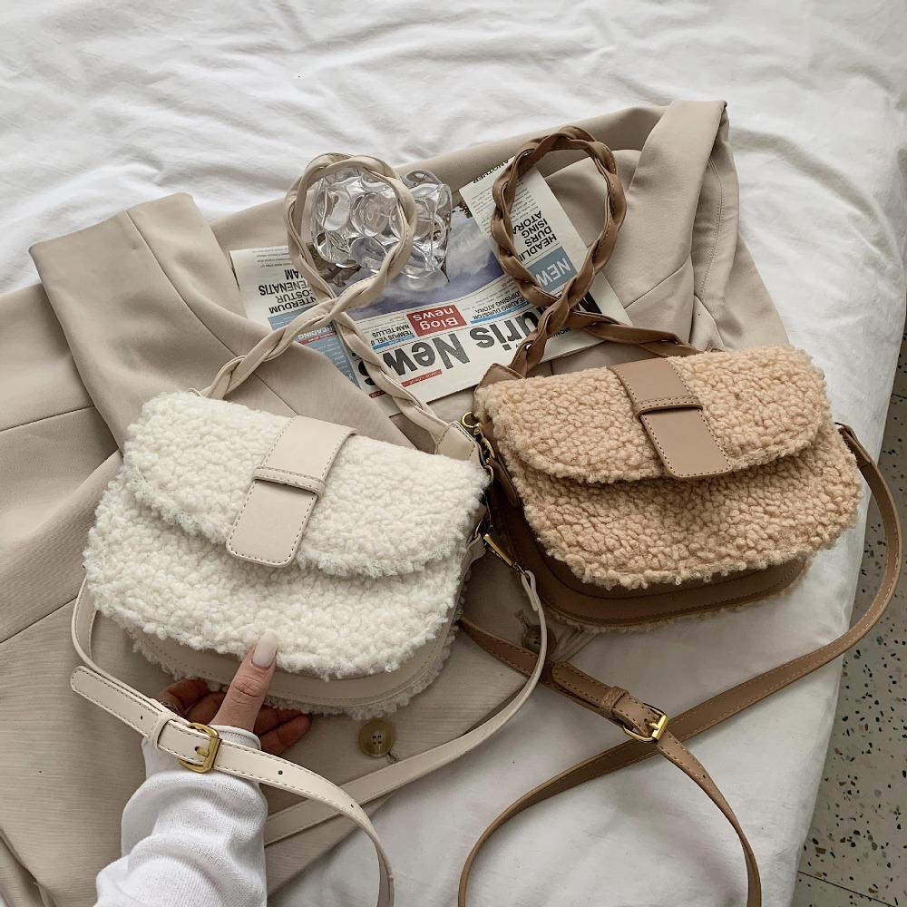 Womens Fashionable Winter Sheepskin Shoulder/Crossbody Pouch with Soft Plush Interior