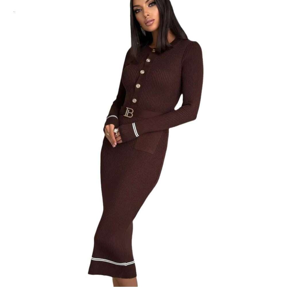 Round Neck Dress With Waist Tie Long Skirt B5