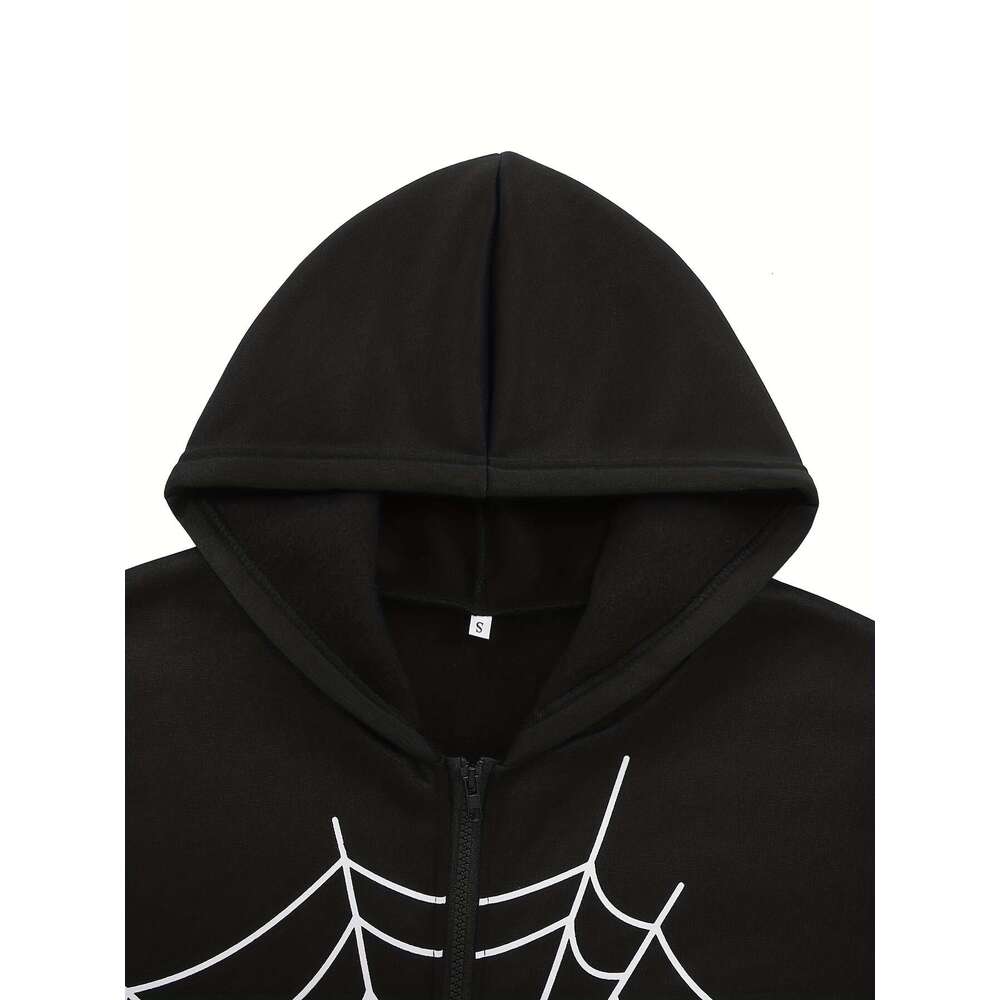 Y2k Long Sleeve Spider Web Print Zip-Up Hoodie, Women's Clothing Spider web print loose zip Y2K casual women's hooded cardigan