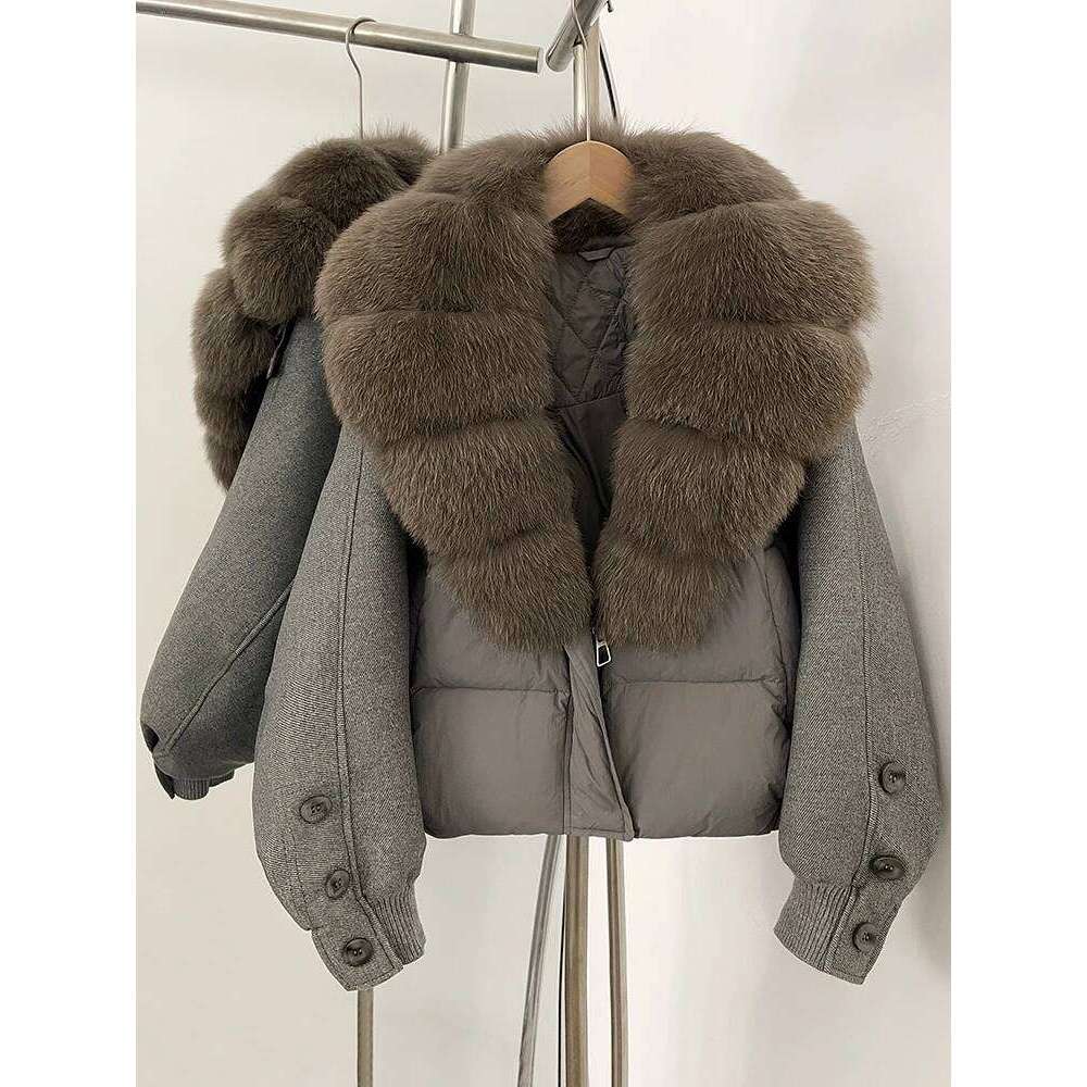 Loose Patchwork Sleeves Natural Real Fur Collar Down Coat Female New Autumn Winter Warm Clothes Women Thick Puffer Jacket