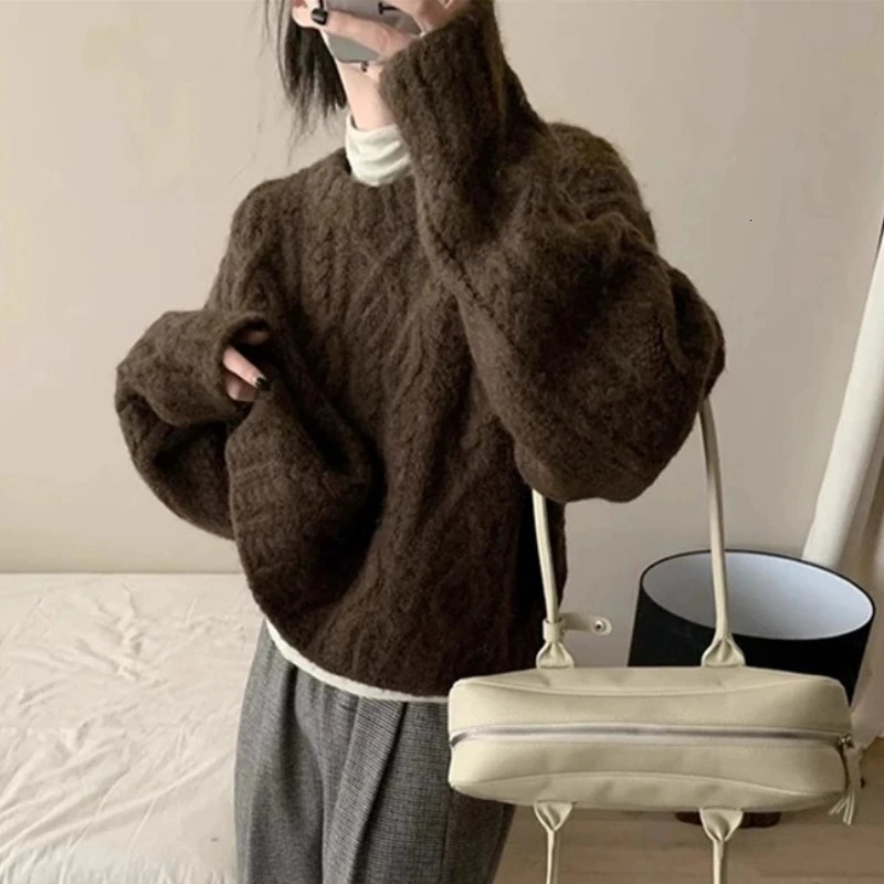 Autumn and Winter O Neck Loose Retro Korean Womens Pullover Sweater Lazy Style Casual Versatile Thick Long Sleeve Knitted Tops 251013