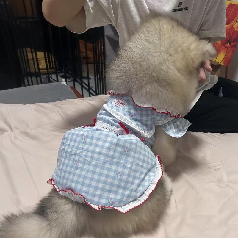 T1672 Dog Clothes for Small and Medium Dogs Retro Plaid Bowknot Navy Collar Shirt Anti-shedding Dress Cat Vest