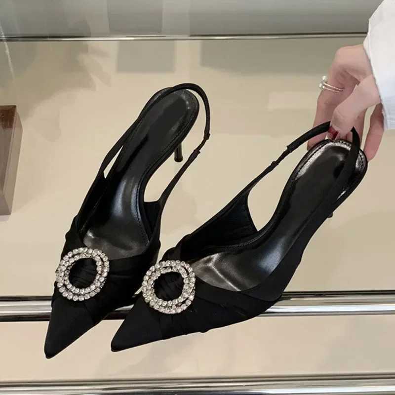 Luxury Design Rhinestone Buckle Women Pumps Cozy Silk Pointed Toe Party Prom Shoes Slingback High Heels Mules Heeled Sandals Z251015