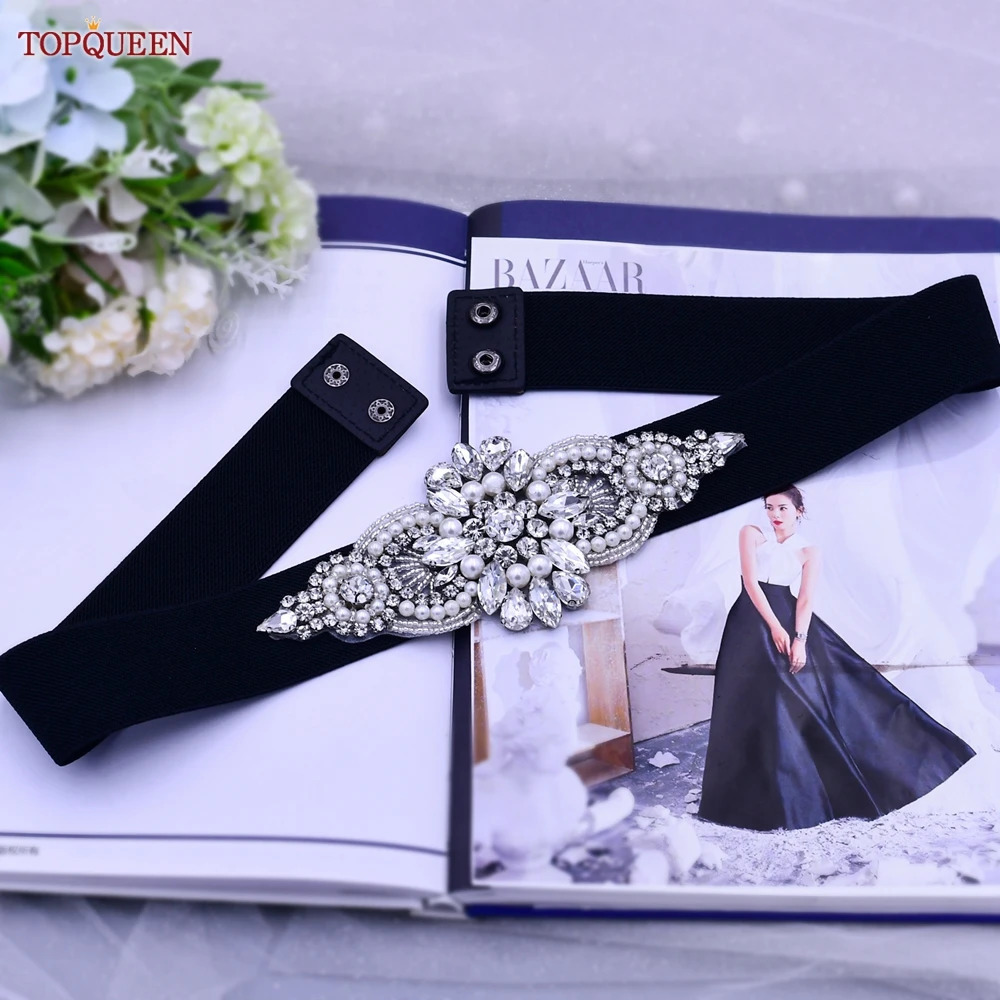 TOPQUEEN S05B Rhinestone Black Elastic Belt Women Female Evening Dress Loose Sweatshirt Coat Daily Sparkly 251010