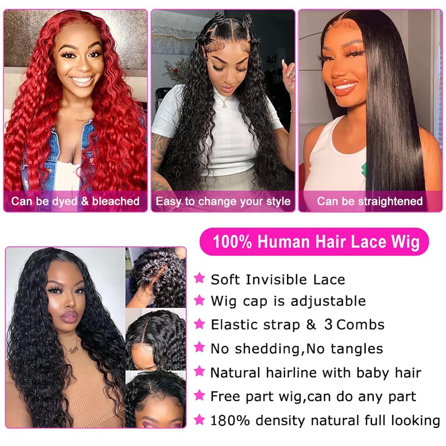 13x6 Water Wave Lace Front Wig Human Hair 180 Density Pre Plucked with Baby Hair Natural Color 16-34 Inch Wet and Wavy