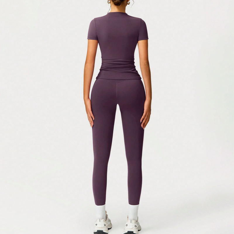 High waisted buttock lifting quick drying long sleeved yoga trousers Two piece yoga outfit Yoga Set Deep purple