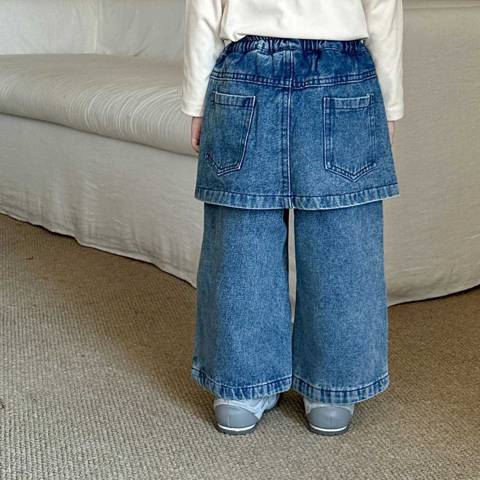 Trousers 2025 Autumn and Winter New Childrens Clothing Korean Style Boys and Girls Fashion Grab Fleeces Fake Two Wide Leg JeansT251017