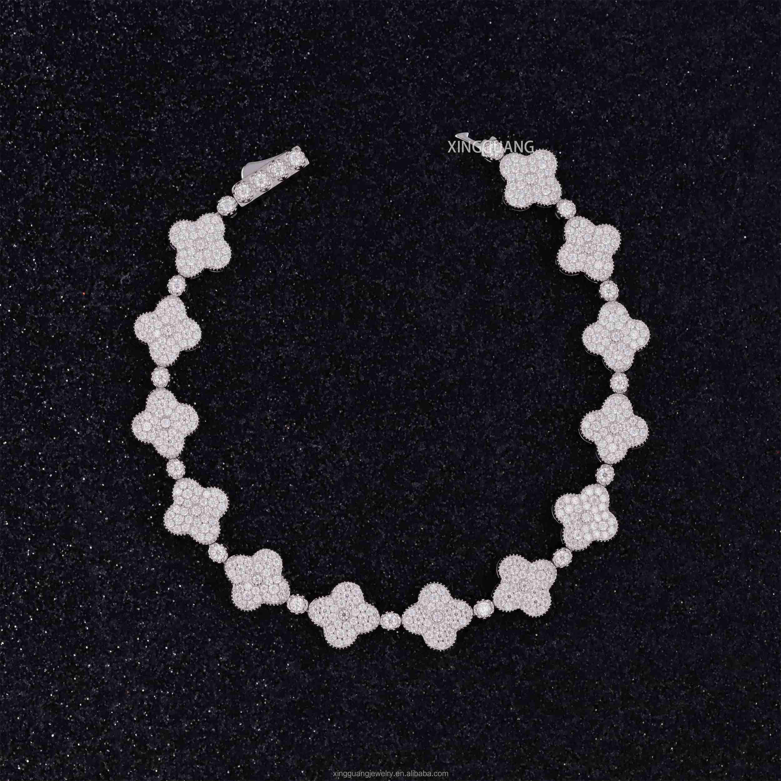 Hip Hop Style 925 Sterling Silver 9mm VVS1Moissanite Diamond Clover Bracelet Tennis Chain Come with GRA Certificate