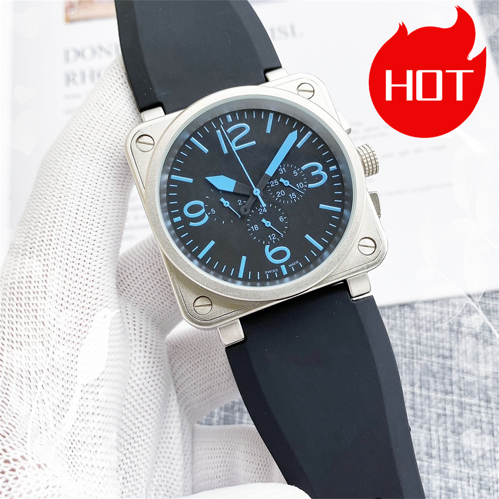 2024 Mens BELLity & ROSSity Wristwatches Men Automatic Mechanical Watch Brown Leather Black Rubber watches Multifunction Six Stitches #335