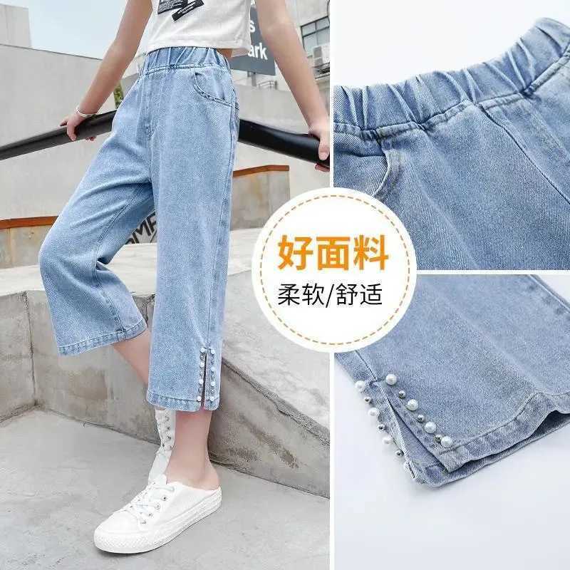 New Fashion Pearl Children Wide Leg Pants Summer Casual Kids Cropped Trousers For Teenager Girls Jeans 4 6 8 10 12 13 YearsT251017