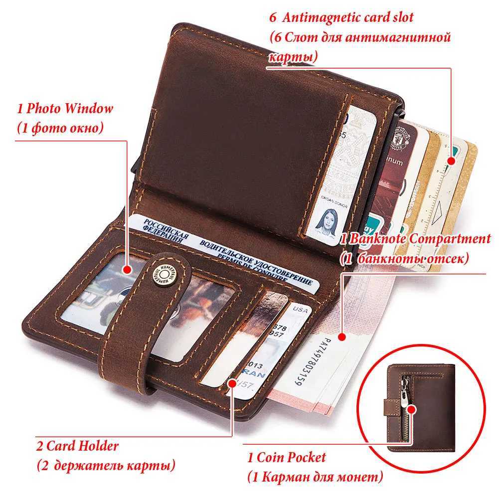 HUMERPAUL Crazy Horse Leather Mens Wallet with RFID Blocking Card Holder Mini Metal Pop Up Wallets Zipper Coin Pocket for MaleW251017