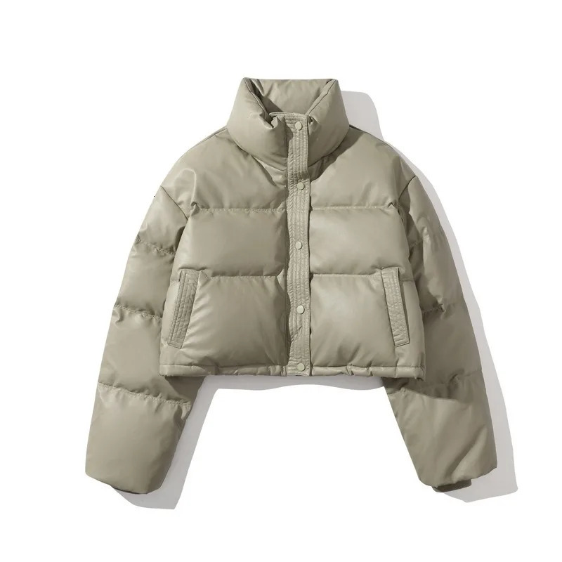 Women Winter Coat Fashion Standup Collar PU Windproof Warm Short Parkas Coat Street Trend Loose Oversized Outwear Cotton Jacket 251011