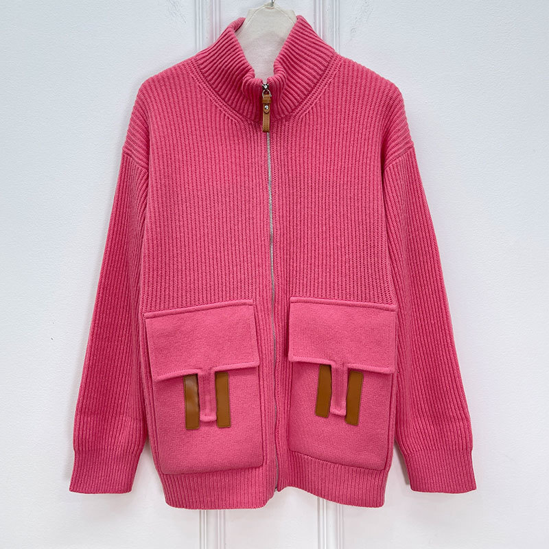 Luxury Designer Women's Cashmere Zip Up Coat Classic Simple High Neck Notch Collar Long Sleeve Loose Knit Cardigan Multiple Colors Two Pockets Wa