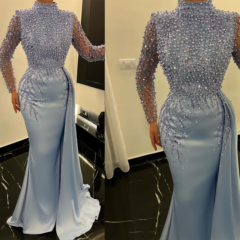 Classic Evening Dresses For Women Beaded Sequins Gown High Collar Long Sleeves Sweep Train Dress Party Customized