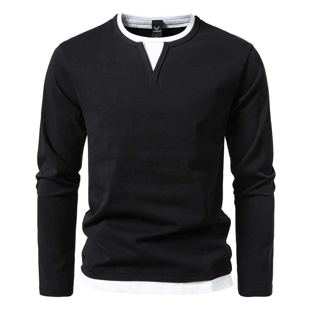 Fake Two-Piece Double Layer V-Neck Autumn Winter Fashion Patchwork Plus Size Base Shirt Men's Long Sleeve T-Shirt B5