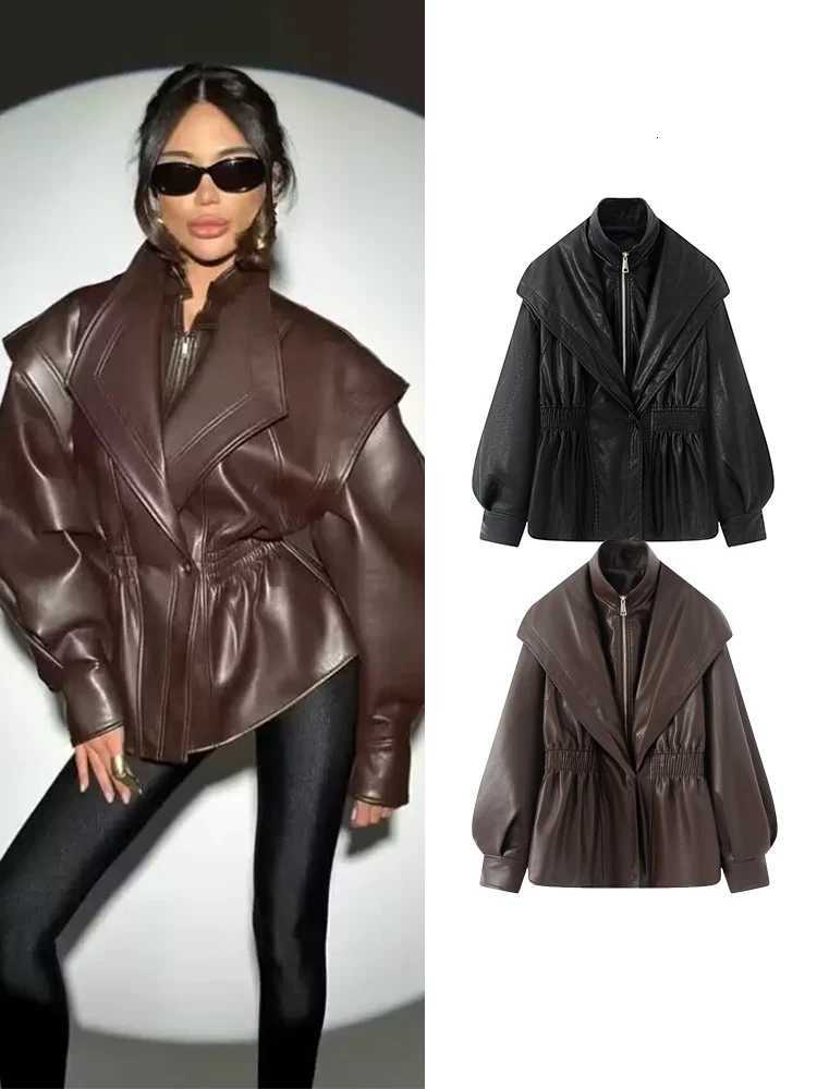 Autumn Winter Womens High Colar Pu Leather Jacket Retro Loose Sleeve Fashion Zipper Coat High Street Elastic Waist StreetwearT251017