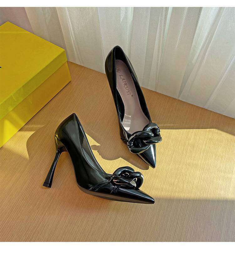 Plus Size Women Shoes Leather Fashion Chain Pointed Toe Shallow Mouth All-Match High Heel Shoes