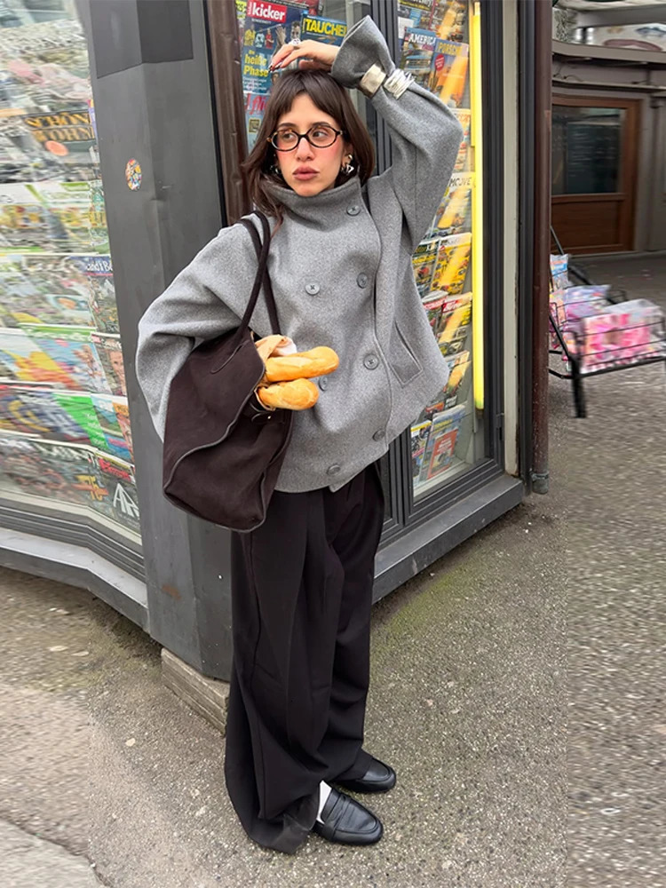 Elegant Womens Coat High Stand Collar Full Sleeve Double Breasted Solid Female Coats 2025 Autumn Fashion High Street Lady Top 251017