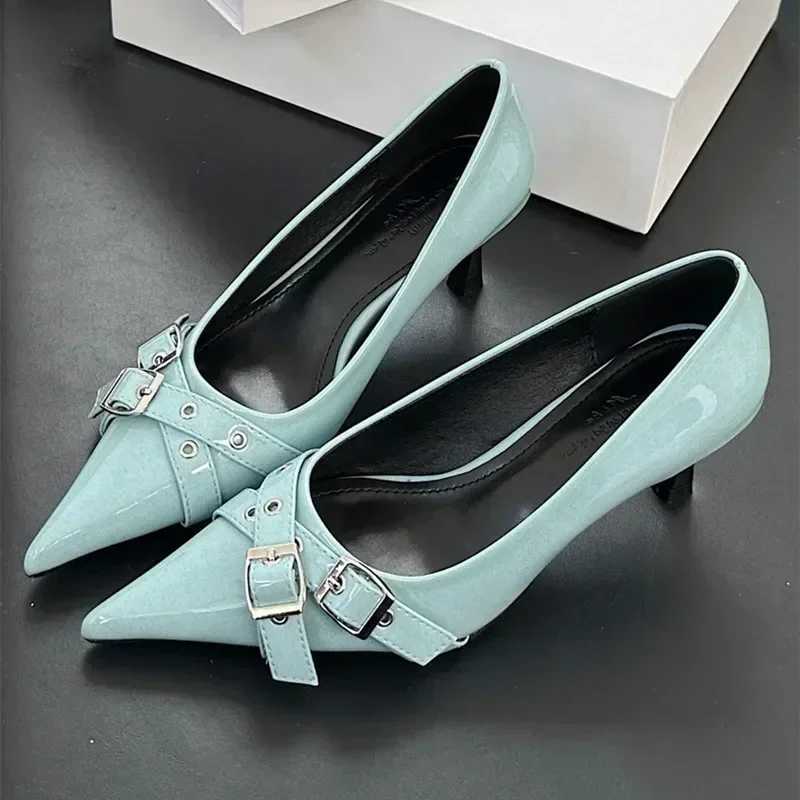 Elegant Patent Leather Metal Belt Buckle Designer Women Pumps Sexy Pointed Toe Thin High Heels High Quality Mary Jane Mules Shoe Z251015