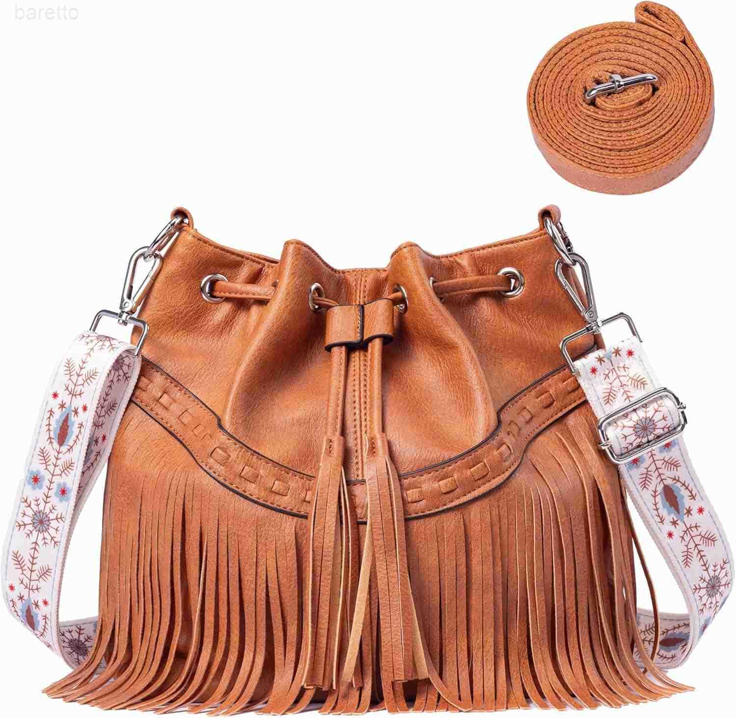 Fashion Women Bucket Fringe Hobo Bag Western Purse Vegan Leather Tassel Hippie Shoulder Crossbody Bag Z251017