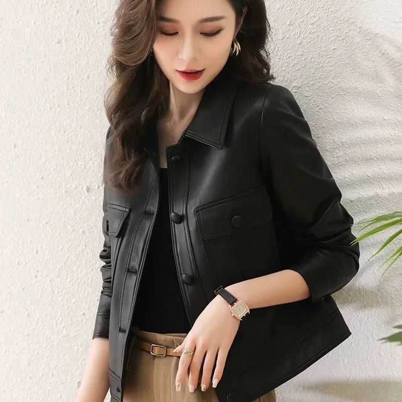 Korean Women Large Size 4XL PU Leather Jacket 2025 Femme Highgrade Faux Leather Coat Spring Autumn Lady Long Sleeve Leather TopT251017