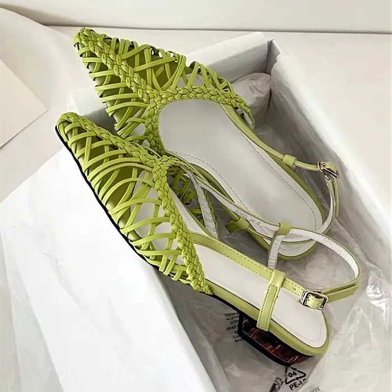 Elegant Green Openwork Woven Women Pumps Sexy Pointed Toe Square Heel Flat Sandals for Women Summer Fashion Comfort Beach Shoes Z251015