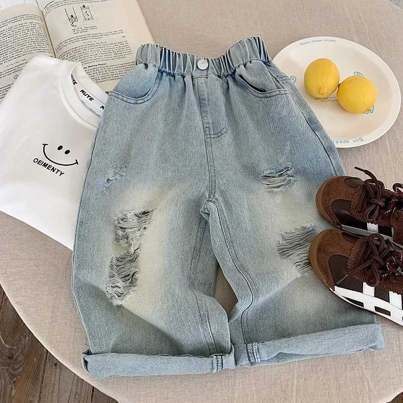Spring and Autumn Childrens Pants Personalized Ripped Jeans Loose Straight Leg Pants for Boys and Girls 210T High QualityT251017