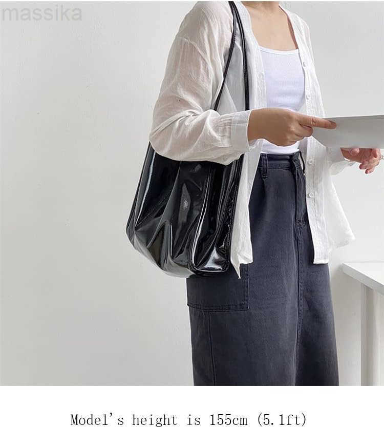 Women Patent Leather Bag Soft Tote Bag Shiny Shoulder Bag Minimal Purse Fashion Handbag M251017
