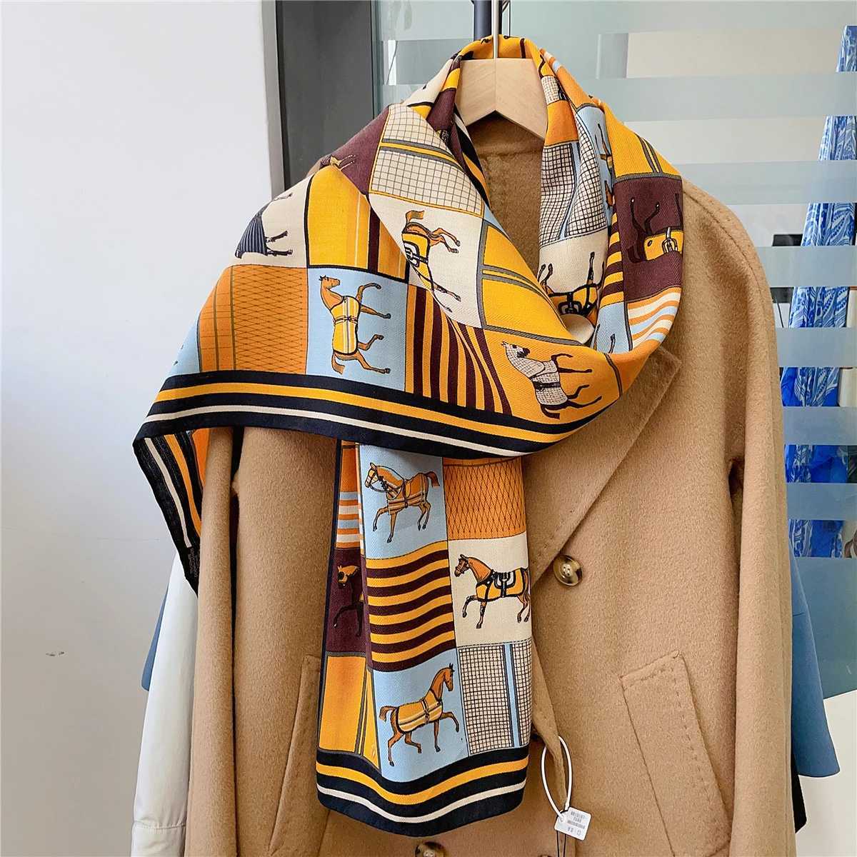 160x33CM Luxury Winter Silk Cashmere Scarf Women Plaid Horses Manual Hand Rolled Shawls Warm Long Scarves Wraps Bandana C251017